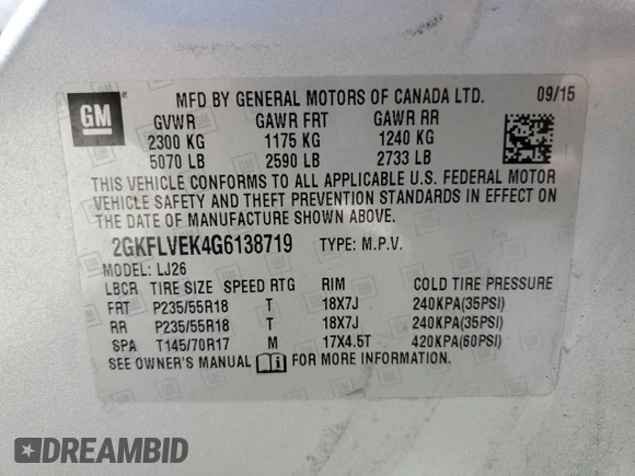 2016 GMC Terrain SLE with VIN 2GKFLVEK4G6138719, listed as a Copart auction lot 49035985 with 70,538 mi miles and Salvage Title. Bid and sale history available at carsss.com. Image 13.