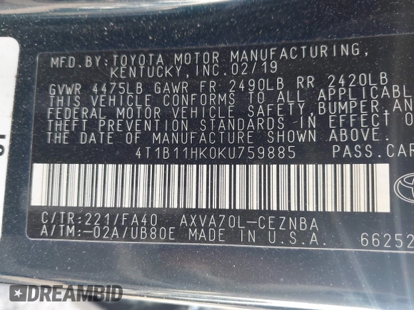 2019 Toyota Camry LE z VIN 4T1B11HK0KU759885, wystawiony jako IAAI lot #41684709 z przebiegiem 80 417 mil mil oraz . Historia ofert i sprzedaży dostępna na DreamBid. Obrazek 9.