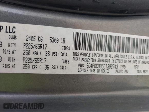 2012 Dodge Journey SXT with VIN 3C4PDCBB5CT392743, listed as a IAAI auction lot 42083919 with 170,486 mi miles and . Bid and sale history available at DreamBid. Image 9.