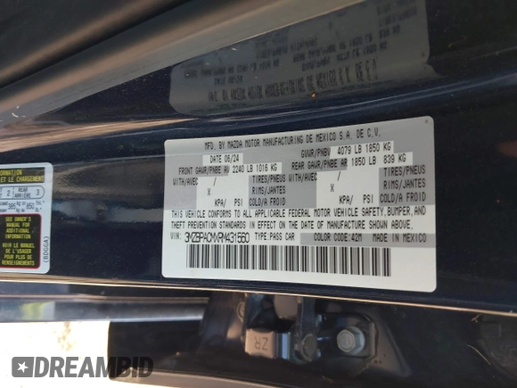 2024 Mazda 3 S Preferred with VIN 3MZBPACMXRM431560, listed as a IAAI auction lot 41937296 with 9,839 mi miles and . Bid and sale history available at DreamBid. Image 9.