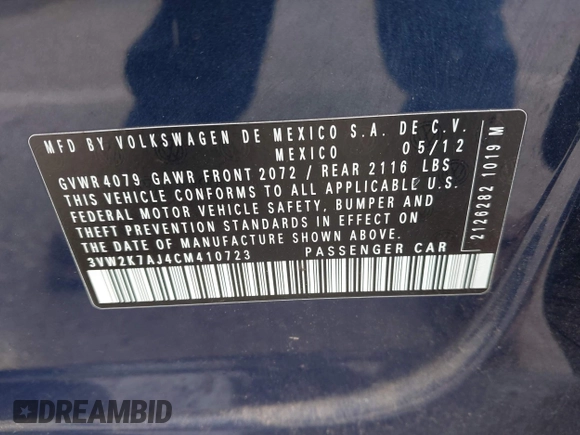 2012 Volkswagen Jetta S с VIN 3VW2K7AJ4CM410723, выставлен на аукционе IAAI как лот 42450418 с пробегом 161 730 миль миль и . История ставок и продаж доступна на DreamBid. Изображение 9.