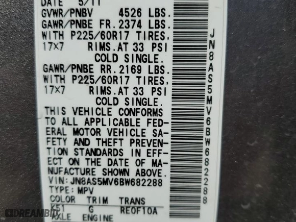 2011 Nissan Rogue SV with VIN JN8AS5MV6BW682288, listed as a Copart auction lot 46821445 with 122,540 mi miles and Salvage Title. Bid and sale history available at carsss.com. Image 13.