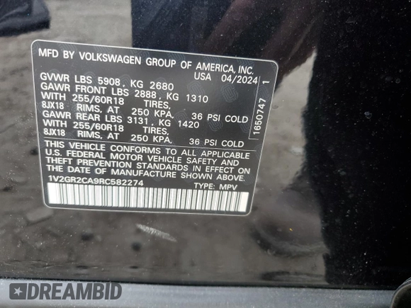 2024 Volkswagen Atlas Peak Edition SEL with VIN 1V2GR2CA9RC582274, listed as a Copart auction lot 79362524 with 1,619 mi miles and Salvage title. Bid and sale history available at DreamBid. Image 14.