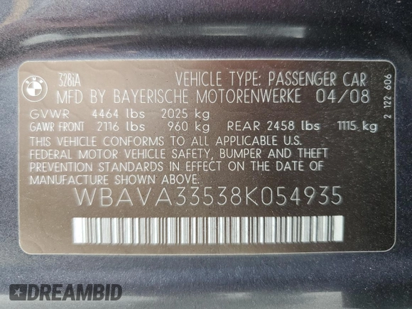 2008 BMW 3 Series 328i with VIN WBAVA33538K054935, listed as a Copart auction lot 60644785 with 308,200 mi miles and Salvage title. Bid and sale history available at DreamBid. Image 12.