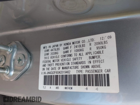 2010 Acura TSX with VIN JH4CU2F60AC019462, listed as a IAAI auction lot 42109261 with 112,131 mi miles. Bid and sale history available at carsss.com. Image 9.