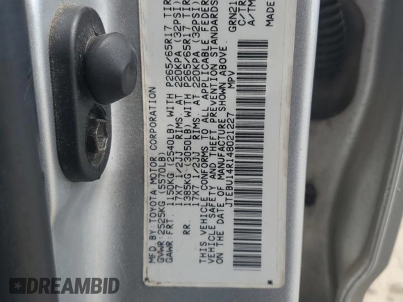 2004 Toyota 4Runner SR5 with VIN JTEBU14R148021227, listed as a Copart auction lot 53701495 with 309,122 mi miles and Salvage Title. Bid and sale history available at DreamBid. Image 13.