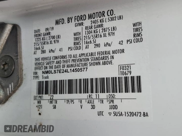 2020 Ford Transit Connect XL with VIN NM0LS7E24L1450577, listed as a Copart auction lot 67101845 with 82,865 mi miles and Clean title. Bid and sale history available at DreamBid. Image 13.