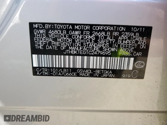 2012 Lexus ES with VIN JTHBK1EG1C2479695, listed as a Copart auction lot 50551615 with 97,917 mi miles and Salvage Title. Bid and sale history available at carsss.com. Image 12.