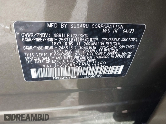 2023 Subaru Forester Touring with VIN JF2SKARC5PH474450, listed as a IAAI auction lot 41977317 with 31,220 mi miles. Bid and sale history available at carsss.com. Image 9.