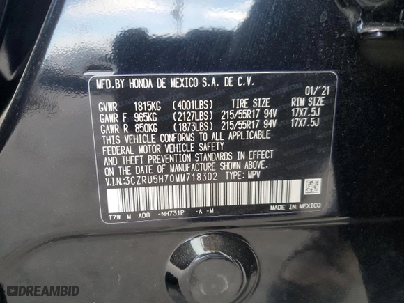 2021 Honda HR-V EX-L with VIN 3CZRU5H70MM718302, listed as a Copart auction lot 87515685 with 47,796 mi miles and Salvage Title. Bid and sale history available at carsss.com. Image 13.