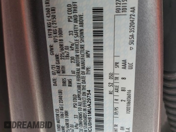 2021 Ford Escape SEL с VIN 1FMCU0H61MUA29754, выставлен на аукционе Copart как лот 53520555 с пробегом 26 401 миль миль и Чистый • Clean title. История ставок и продаж доступна на DreamBid. Изображение 13.