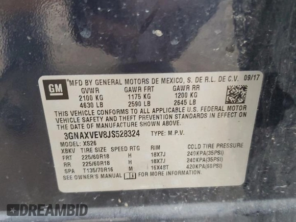 2018 Chevrolet Equinox Premier with VIN 3GNAXVEV8JS528324, listed as a Copart auction lot 50145285 with 43,462 mi miles and Salvage Title. Bid and sale history available at DreamBid. Image 14.
