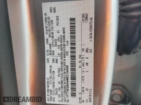 2021 Ford F-250 XL with VIN 1FT7W2BN4MEC34068, listed as a Copart auction lot 56730745 with 53,411 mi miles and Salvage title. Bid and sale history available at DreamBid. Image 12.