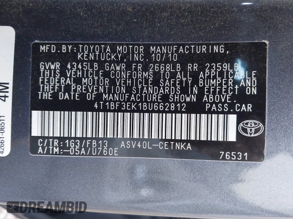 2011 Toyota Camry LE with VIN 4T1BF3EK1BU662812, listed as a IAAI auction lot 42133299 with 134,925 mi miles and . Bid and sale history available at DreamBid. Image 9.