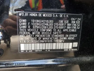 2024 Honda HR-V LX with VIN 3CZRZ2H33RM781835, listed as a Copart auction lot 53483095 with Not provided miles and Salvage title. Bid and sale history available at DreamBid. Image 15.
