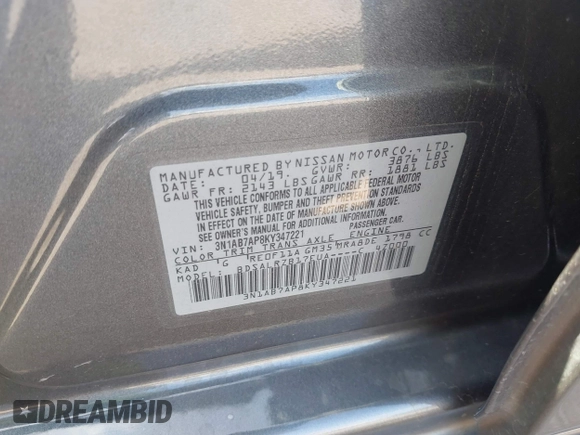 2019 Nissan Sentra SR with VIN 3N1AB7AP8KY347221, listed as a IAAI auction lot 41514025 with 48,781 mi miles and . Bid and sale history available at DreamBid. Image 9.