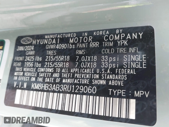 2024 Hyundai Kona SEL with VIN KM8HB3AB3RU129060, listed as a IAAI auction lot 42119922 with 34,334 mi miles. Bid and sale history available at carsss.com. Image 9.