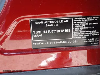 2007 Saab 9-3 Aero with VIN YS3FH41U771012168, listed as a IAAI auction lot 42100750 with 118,970 mi miles. Bid and sale history available at carsss.com. Image 9.