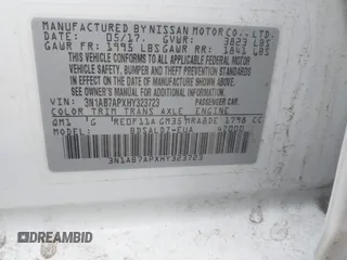 2017 Nissan Sentra S with VIN 3N1AB7APXHY323723, listed as a IAAI auction lot 41941851 with 108,996 mi miles and . Bid and sale history available at carsss.com. Image 9.