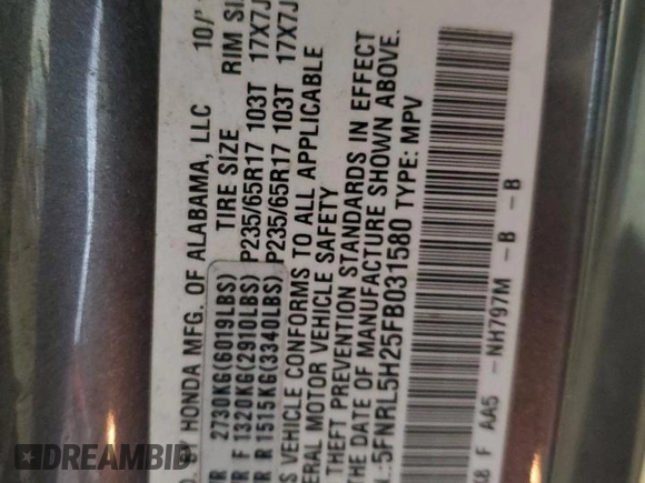 2015 Honda Odyssey LX with VIN 5FNRL5H25FB031580, listed as a Copart auction lot 48119255 with 143,552 mi miles and Salvage Title. Bid and sale history available at DreamBid. Image 14.