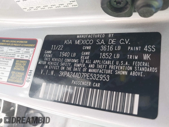 2023 Kia Rio LX with VIN 3KPA24AD7PE532953, listed as a IAAI auction lot 41892980 with 38,350 mi miles. Bid and sale history available at carsss.com. Image 9.