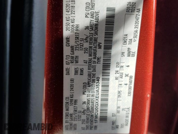 2014 Ford Escape SE with VIN 1FMCU0GXXEUA35340, listed as a Copart auction lot 47055295 with 164,255 mi miles and Salvage Title. Bid and sale history available at DreamBid. Image 16.