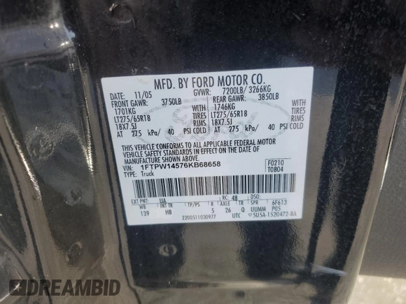 2006 Ford F-150 XLT с VIN 1FTPW14576KB68658, выставлен на аукционе Copart как лот 59928435 с пробегом 229 997 миль миль и Списание • Salvage title. История ставок и продаж доступна на DreamBid. Изображение 12.