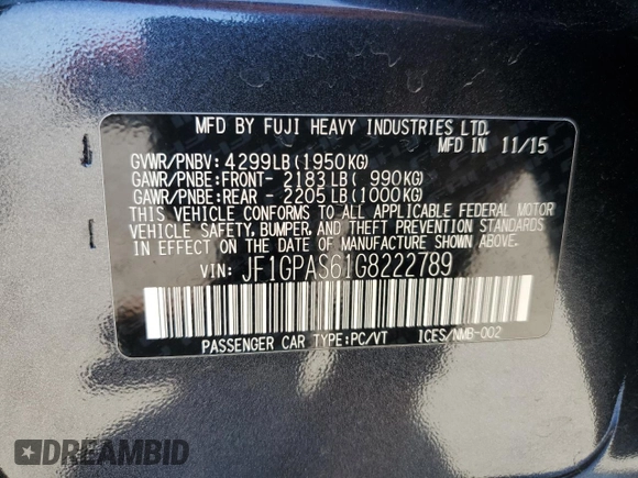 2016 Subaru Impreza Special Sports Premium with VIN JF1GPAS61G8222789, listed as a Copart auction lot 61633365 with 90,264 mi miles and Salvage title. Bid and sale history available at DreamBid. Image 13.