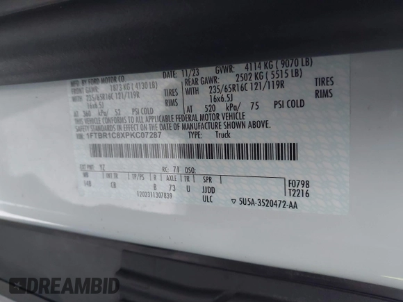2023 Ford Transit Cargo with VIN 1FTBR1C8XPKC07287, listed as a IAAI auction lot 41247582 with 12,776 mi miles and . Bid and sale history available at DreamBid. Image 9.