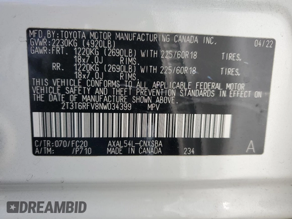 2022 Toyota RAV4 Hybrid SE with VIN 2T3T6RFV8NW034399, listed as a Copart auction lot 60249015 with 39,495 mi miles and Salvage title. Bid and sale history available at DreamBid. Image 12.