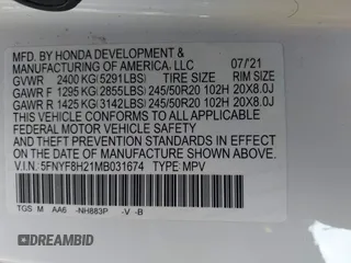 2021 Honda Passport Sport with VIN 5FNYF8H21MB031674, listed as a IAAI auction lot 41739769 with 36,894 mi miles and . Bid and sale history available at DreamBid. Image 9.