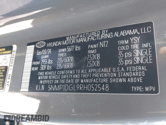 2024 Hyundai Santa Fe SE with VIN 5NMP1DGL9RH052548, listed as a IAAI auction lot 41522794 with 8,718 mi miles and . Bid and sale history available at DreamBid. Image 9.