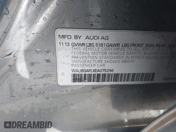 2014 Audi S4 Premium Plus with VIN WAUBGAFLXEA075296, listed as a IAAI auction lot 41527234 with 113,191 mi miles. Bid and sale history available at carsss.com. Image 9.