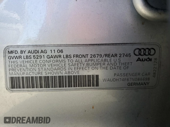 2007 Audi A6 3.2L with VIN WAUDH74F67N086698, listed as a Copart auction lot 79054744 with 93,484 mi miles and Salvage Title. Bid and sale history available at carsss.com. Image 14.