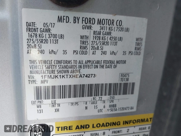 2017 Ford Expedition Max Limited with VIN 1FMJK1KTXHEA74273, listed as a IAAI auction lot 41973618 with Not provided miles and . Bid and sale history available at DreamBid. Image 9.