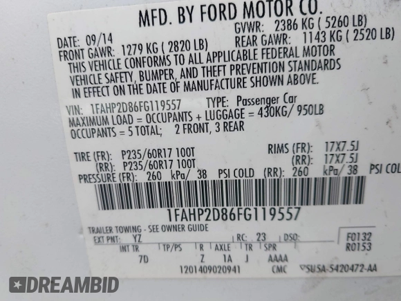 2015 Ford Taurus SE with VIN 1FAHP2D86FG119557, listed as a IAAI auction lot 42005146 with 189,758 mi miles and . Bid and sale history available at carsss.com. Image 9.