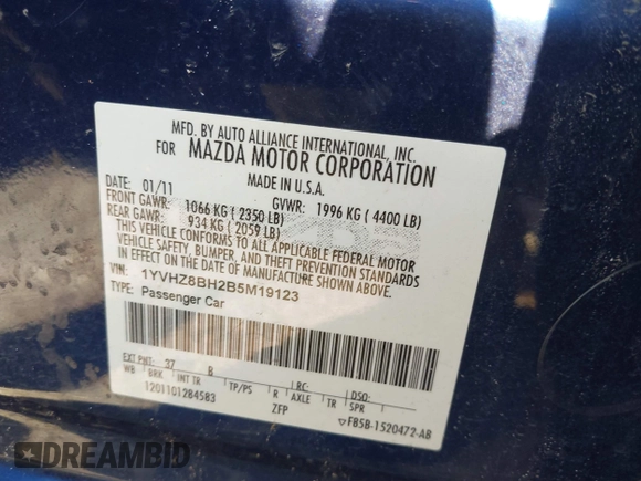 2011 Mazda 6 i Sport with VIN 1YVHZ8BH2B5M19123, listed as a IAAI auction lot 42265018 with 152,354 mi miles and . Bid and sale history available at DreamBid. Image 9.