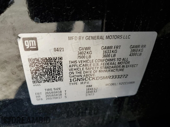 2021 Chevrolet Suburban LT z VIN 1GNSCCKD5MR333272, wystawiony jako Copart lot #52621765 z przebiegiem 192 451 mil mil oraz Szkoda całkowita • Salvage title. Historia ofert i sprzedaży dostępna na DreamBid. Obrazek 16.