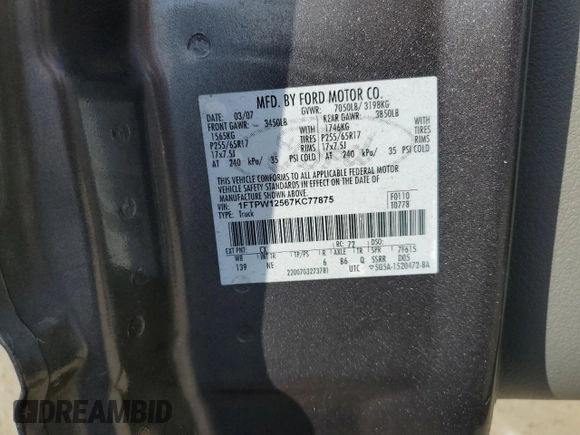 2007 Ford F-150 XLT z VIN 1FTPW12567KC77875, wystawiony jako Copart lot #53434225 z przebiegiem 208 111 mil mil oraz Szkoda całkowita • Salvage title. Historia ofert i sprzedaży dostępna na DreamBid. Obrazek 12.