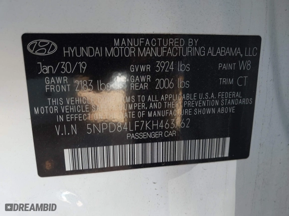 2019 Hyundai Elantra SEL with VIN 5NPD84LF7KH463762, listed as a IAAI auction lot 41465346 with 54,782 mi miles. Bid and sale history available at carsss.com. Image 9.