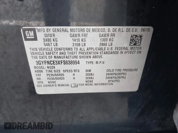 2015 Cadillac SRX Performance Collection with VIN 3GYFNCE3XFS638994, listed as a IAAI auction lot 42243558 with 141,704 mi miles and . Bid and sale history available at DreamBid. Image 9.