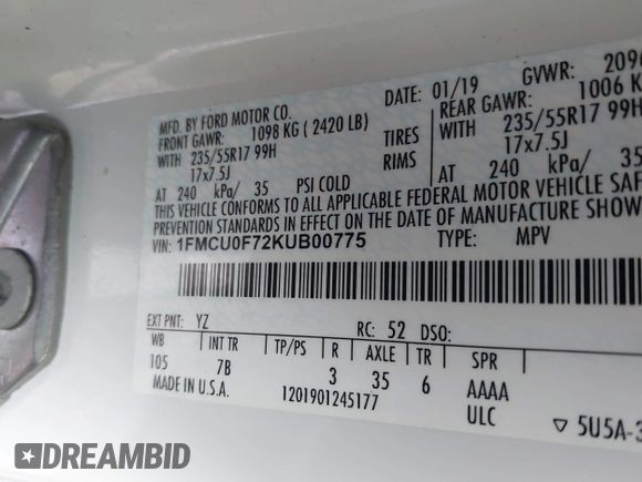 2019 Ford Escape S with VIN 1FMCU0F72KUB00775, listed as a IAAI auction lot 42487803 with 69,430 mi miles and . Bid and sale history available at DreamBid. Image 9.