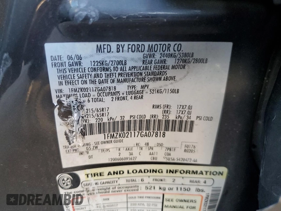 2007 Ford Freestyle SEL with VIN 1FMZK02117GA07818, listed as a Copart auction lot 57244185 with 237,541 mi miles and Clean title. Bid and sale history available at DreamBid. Image 14.