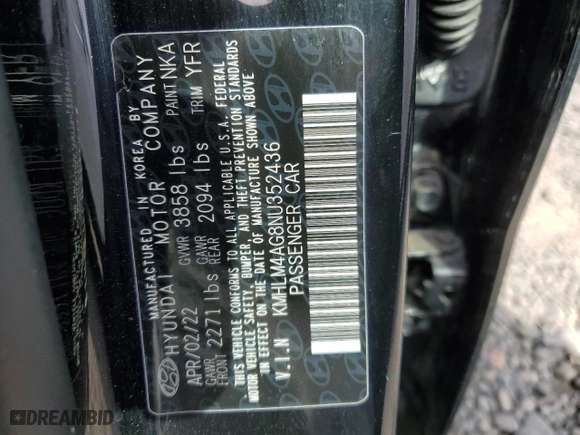 2022 Hyundai Elantra SEL with VIN KMHLM4AG8NU352436, listed as a Copart auction lot 47056305 with 96,636 mi miles and Salvage Title. Bid and sale history available at carsss.com. Image 12.