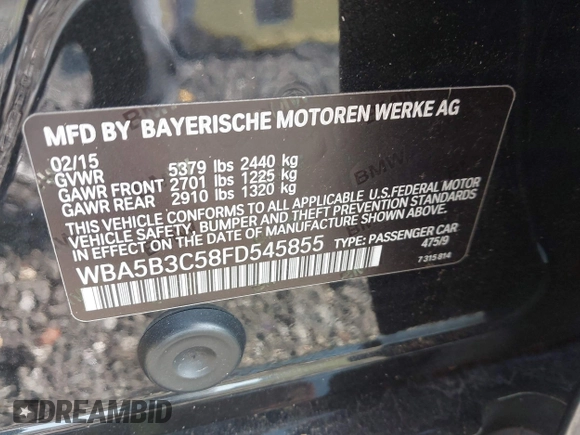 2015 BMW 5 Series 535i xDrive with VIN WBA5B3C58FD545855, listed as a IAAI auction lot 42818045 with 81,521 mi miles and . Bid and sale history available at DreamBid. Image 9.