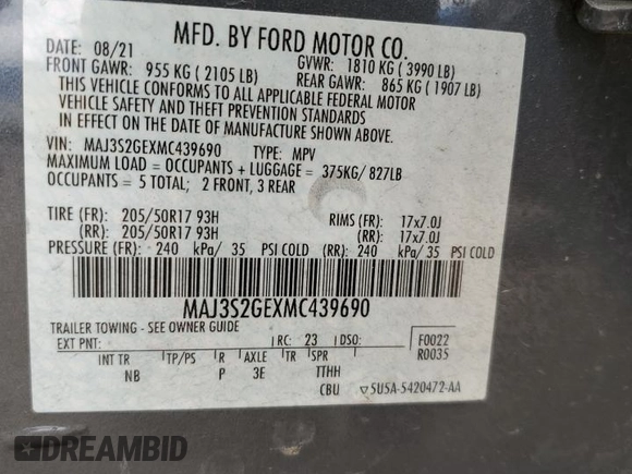 2021 Ford EcoSport SE with VIN MAJ3S2GEXMC439690, listed as a Copart auction lot 47822895 with 8,869 mi miles and Salvage Title. Bid and sale history available at carsss.com. Image 15.