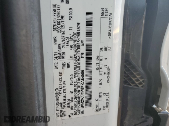 2015 Ford Transit XL с VIN 1FMZK1YM9FKA84956, выставлен на аукционе Copart как лот 70042594 с пробегом 73 226 миль миль и Списание • Salvage title. История ставок и продаж доступна на DreamBid. Изображение 13.