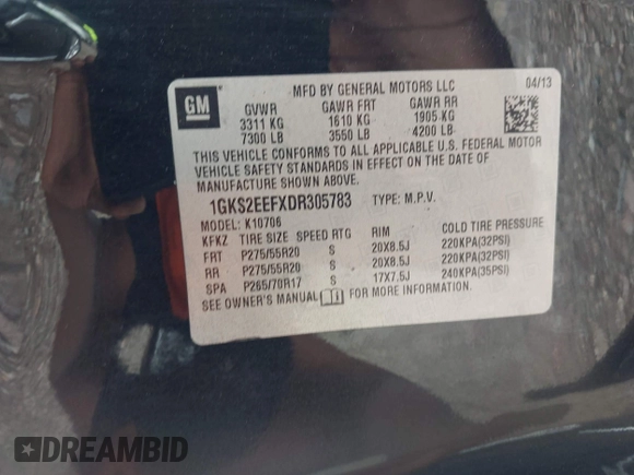 2013 GMC Yukon Denali z VIN 1GKS2EEFXDR305783, wystawiony jako IAAI lot #42305947 z przebiegiem 251 874 mil mil oraz . Historia ofert i sprzedaży dostępna na DreamBid. Obrazek 9.