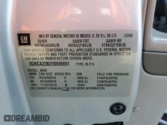 2009 Chevrolet HHR 1LT with VIN 3GNCA23B29S606691, listed as a Copart auction lot 51526105 with 76,178 mi miles and Salvage Title. Bid and sale history available at carsss.com. Image 15.