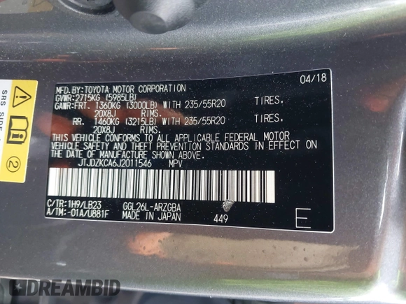 2018 Lexus RX 350L Premium with VIN JTJDZKCA6J2011546, listed as a IAAI auction lot 42730403 with 91,289 mi miles and . Bid and sale history available at DreamBid. Image 9.